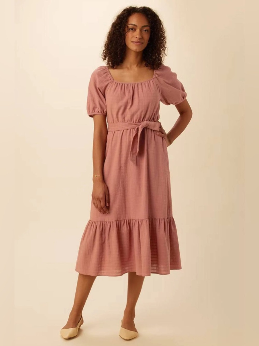 Amour Vert / Mauve Puff-Sleeve Cotton Midi Dress Tie Belt - Sz L - NWOT